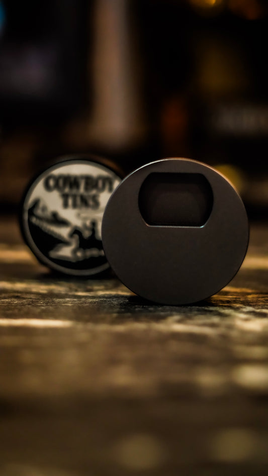 Black Nicotine Pouch/Tobacco Container with Built in Bottle Opener